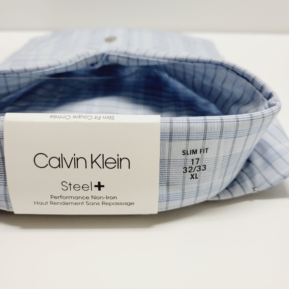 Calvin Klein STEEL+ Slim-Fit Non-Iron Stretch Blue Check Dress Shirt 17 32/33 XL - Picture 8 of 14